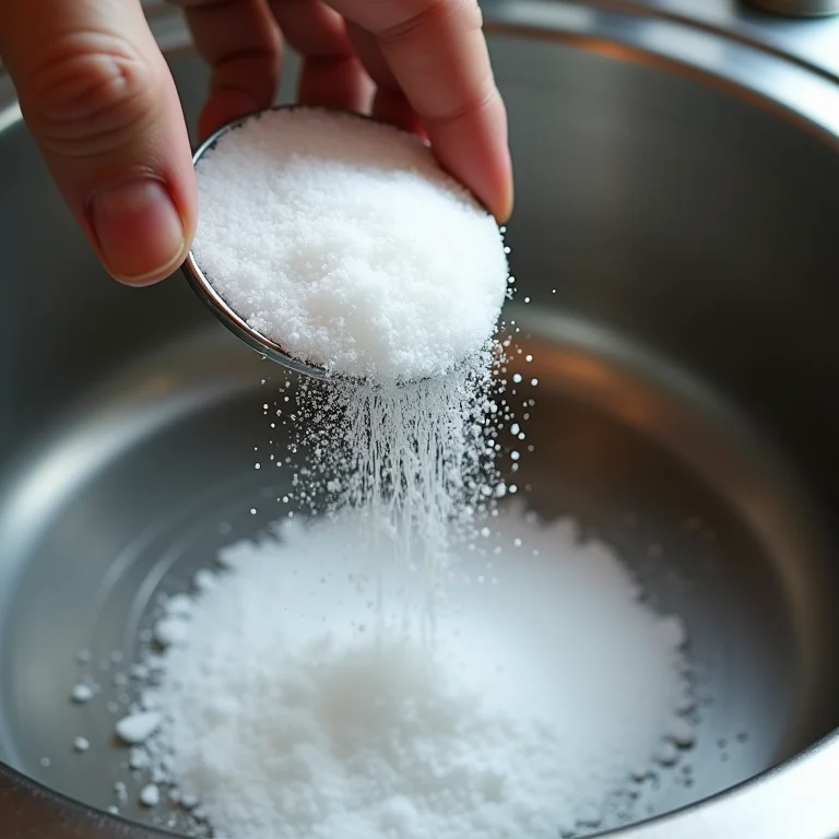 Bicarbonato e sal sendo usados para desentupir a pia