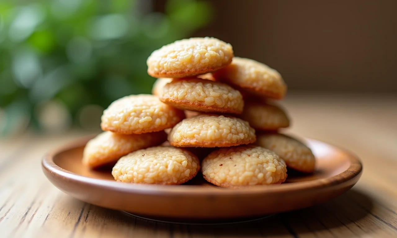 Bolinhos de arroz integral empilhados em um prato de madeira.