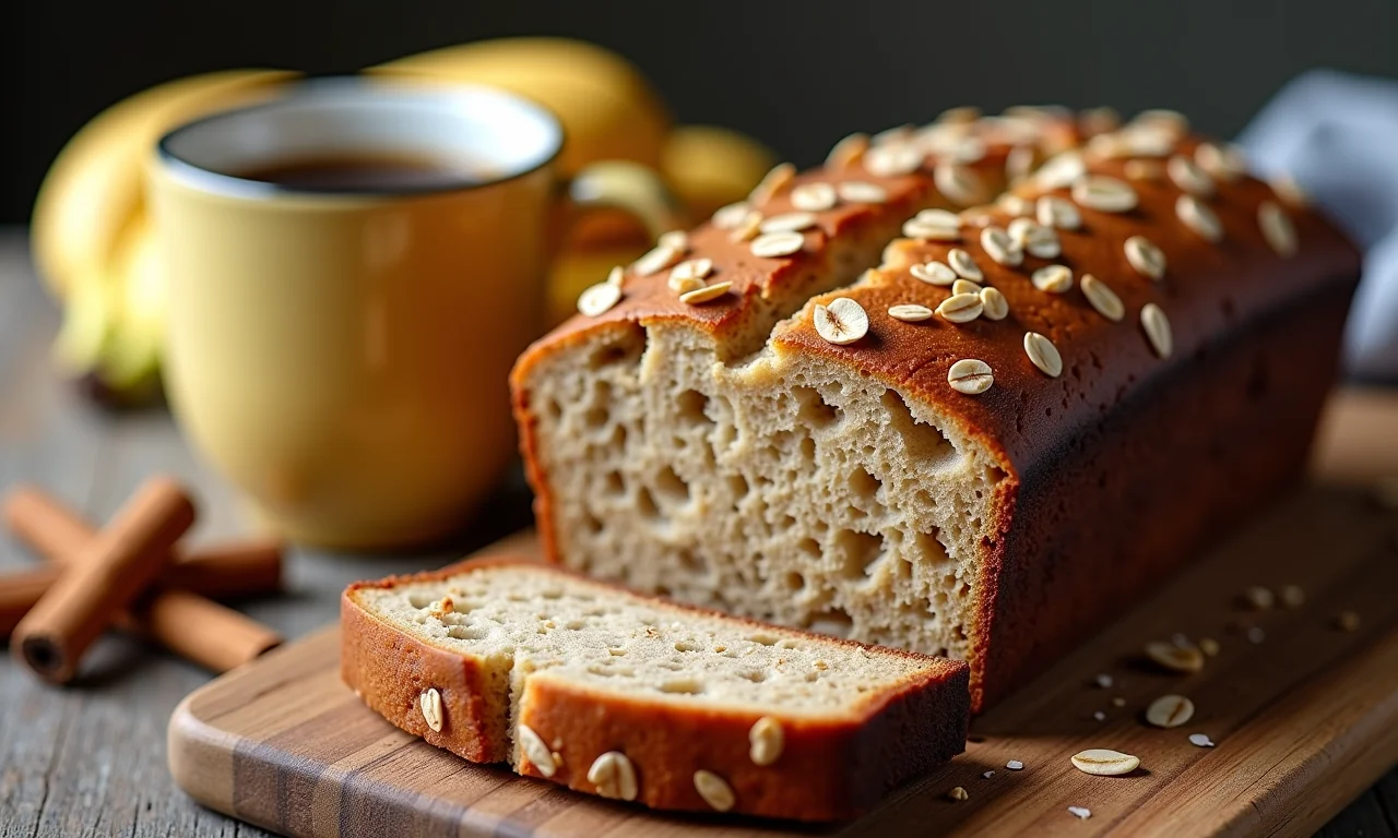 Bolo de banana com aveia e canela em cima de uma tábua de madeira.
