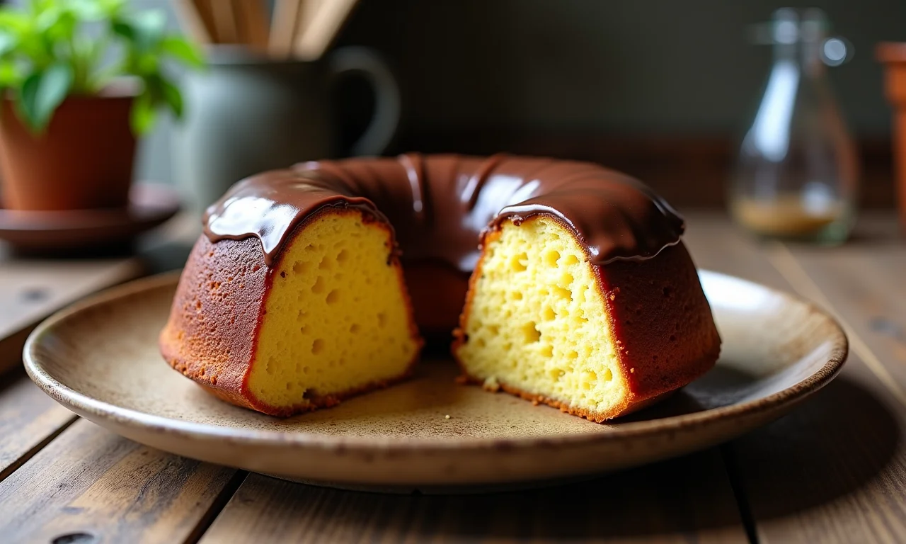 Bolo de cenoura com cobertura de chocolate em prato rústico.