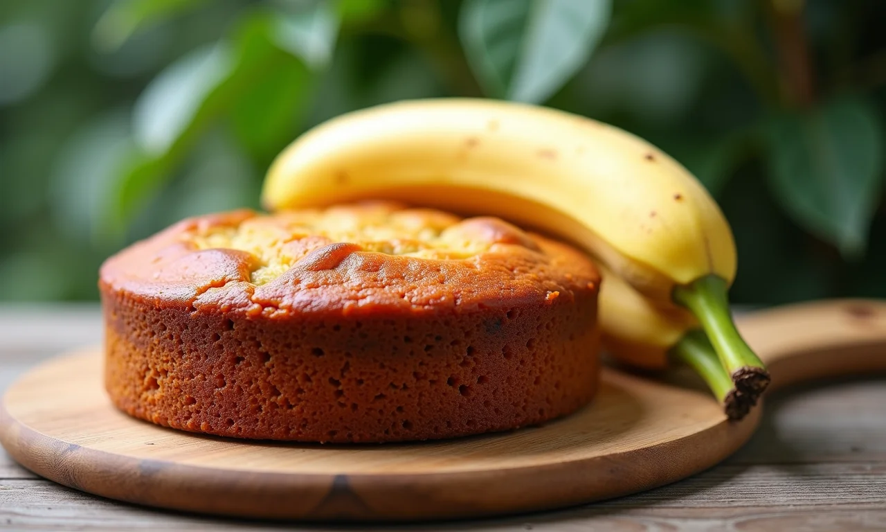 Bolo de cenoura fit com banana em tábua de madeira.