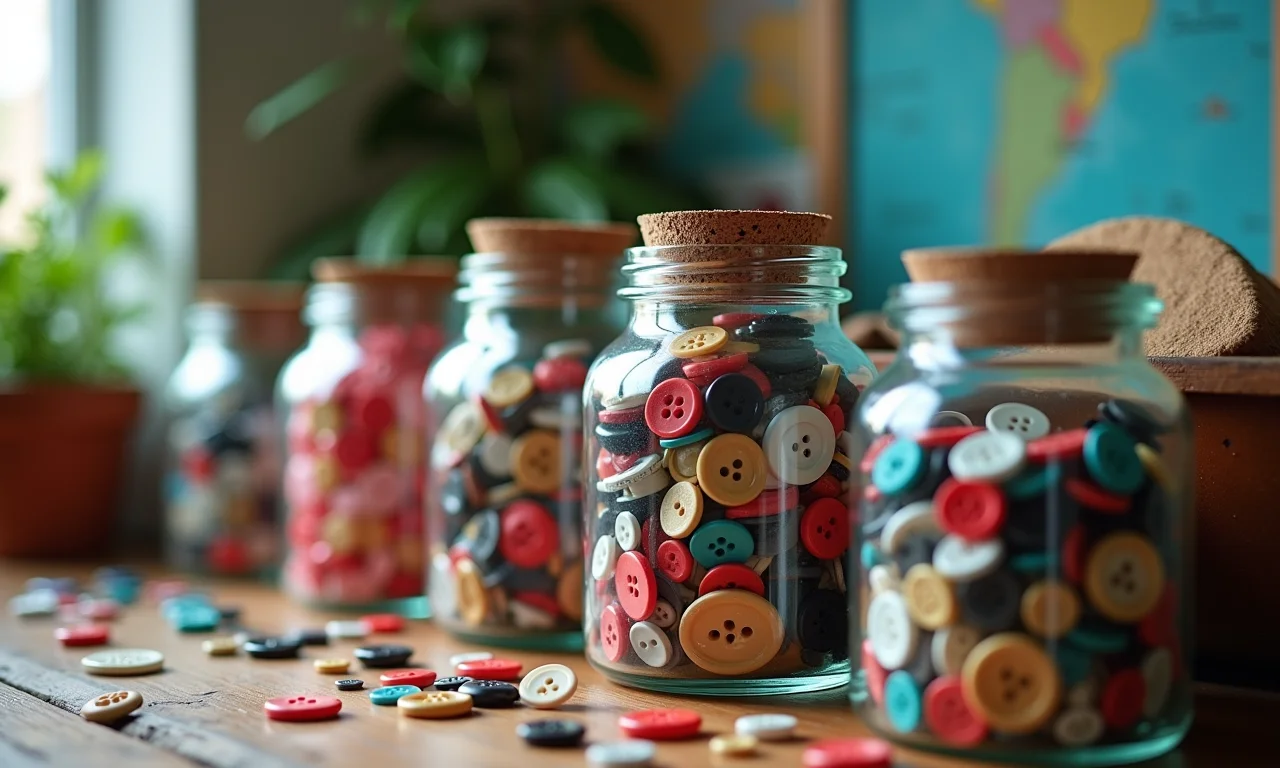 Botões coloridos organizados em potes transparentes em um ateliê de costura.