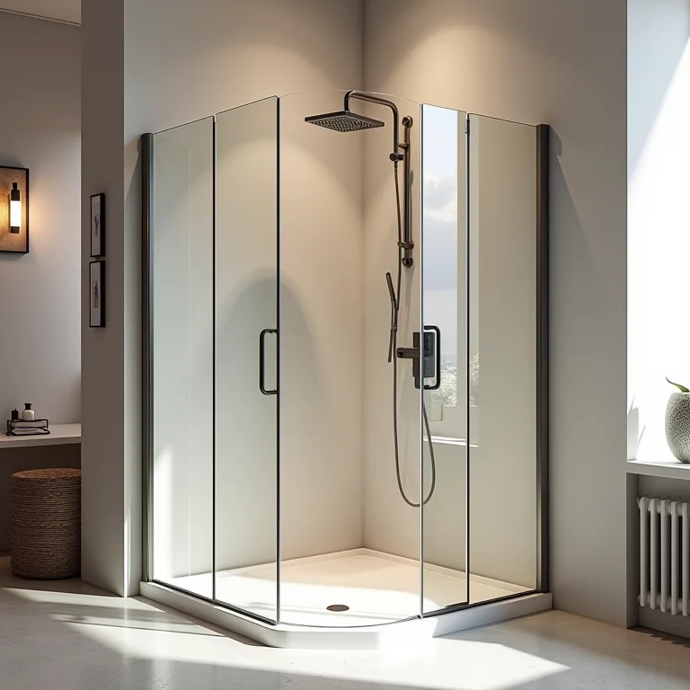 Box de canto otimizando o espaço em banheiro pequeno em formato de L.