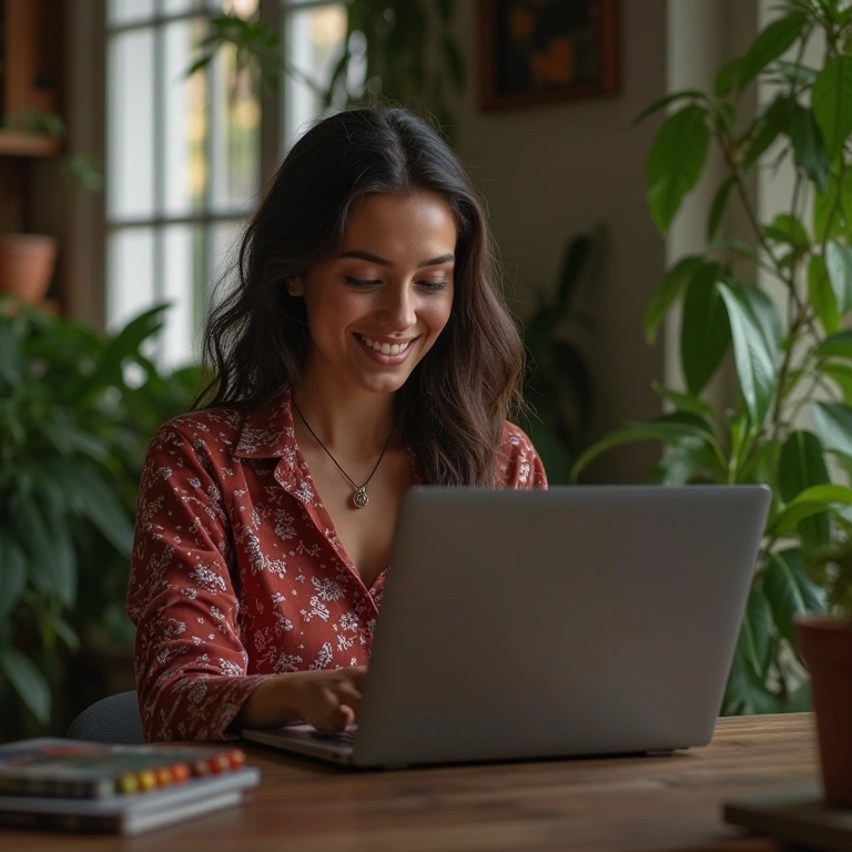 Taróloga pesquisando plataformas online no laptop.