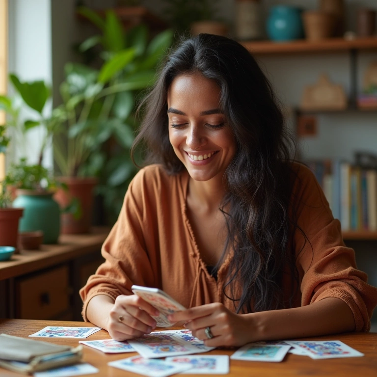 Taróloga sorrindo durante leitura de Tarot online.