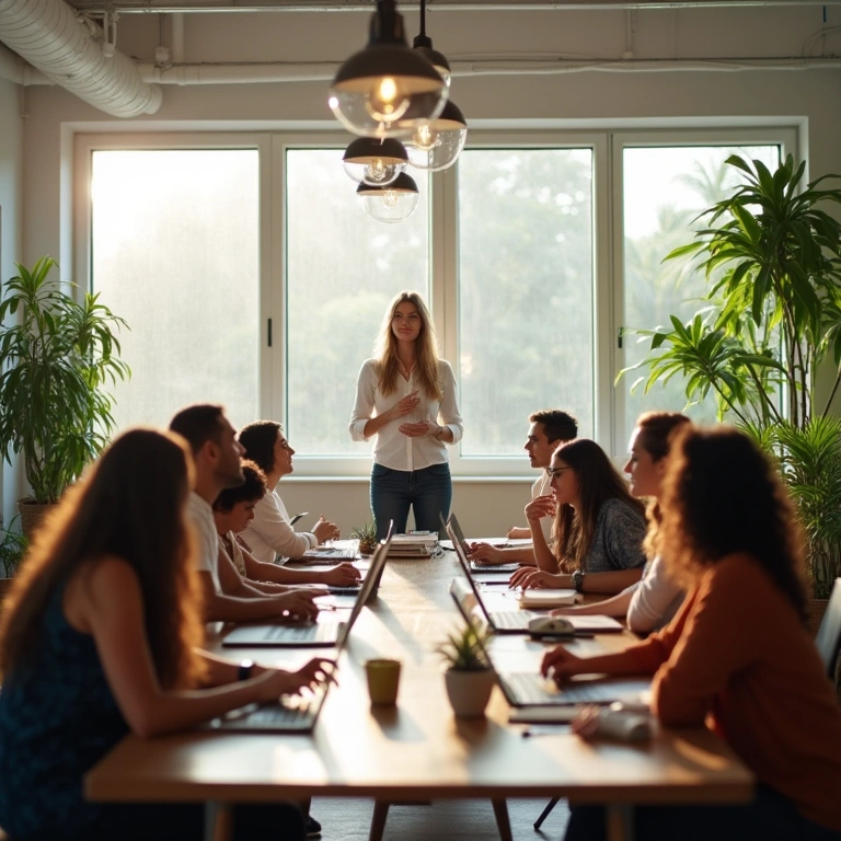 Equipe diversa em brainstorming de marketing em escritório vibrante.