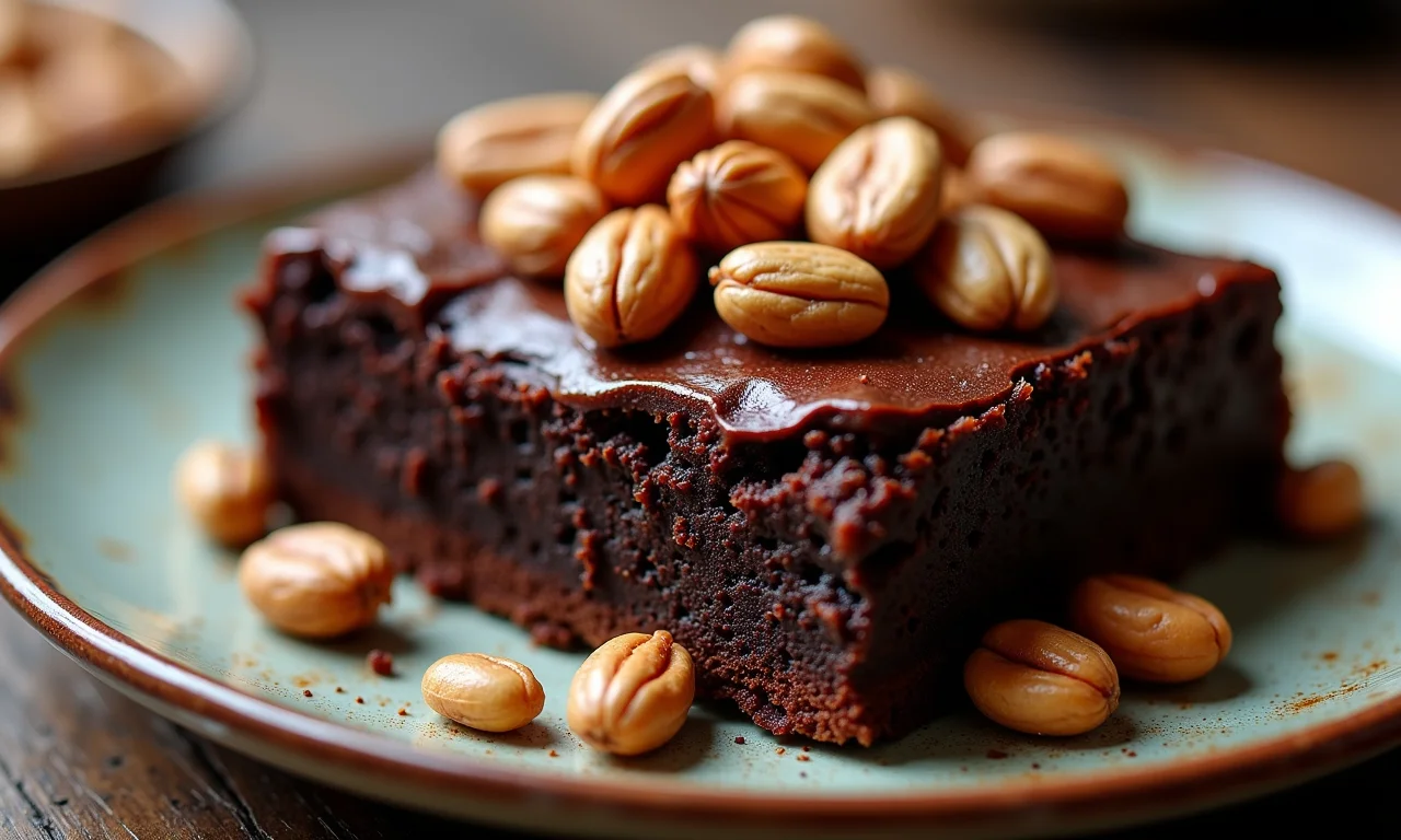 Brownie de chocolate amargo com nozes em um prato rústico.