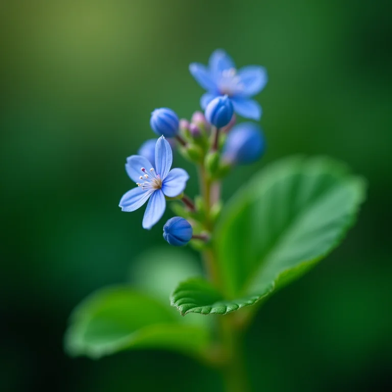 Brunnera com folhas em formato de coração e flores azuis.