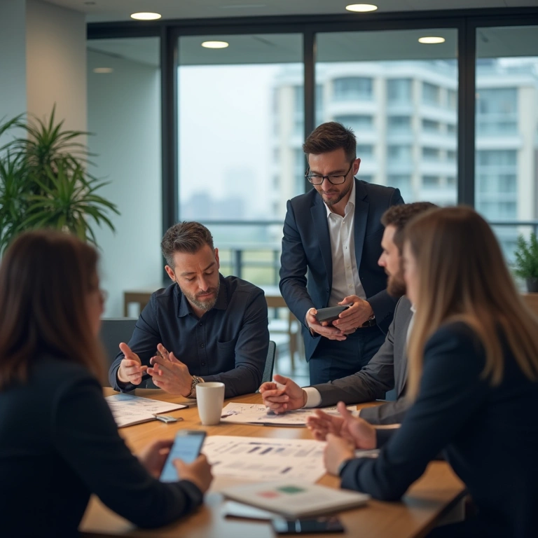 Equipe fazendo perguntas sobre estratégia de marketing em reunião.