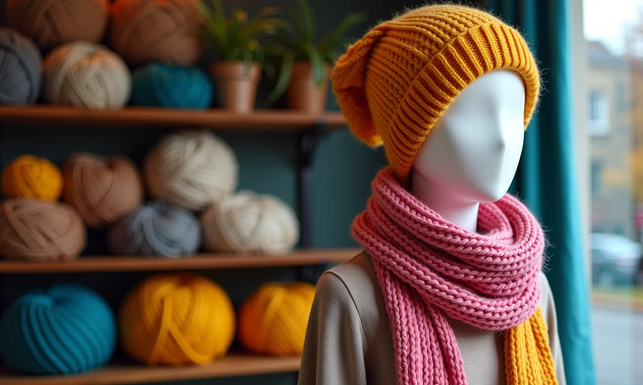Cachecóis e gorros de tricô em cores quentes em um manequim.
