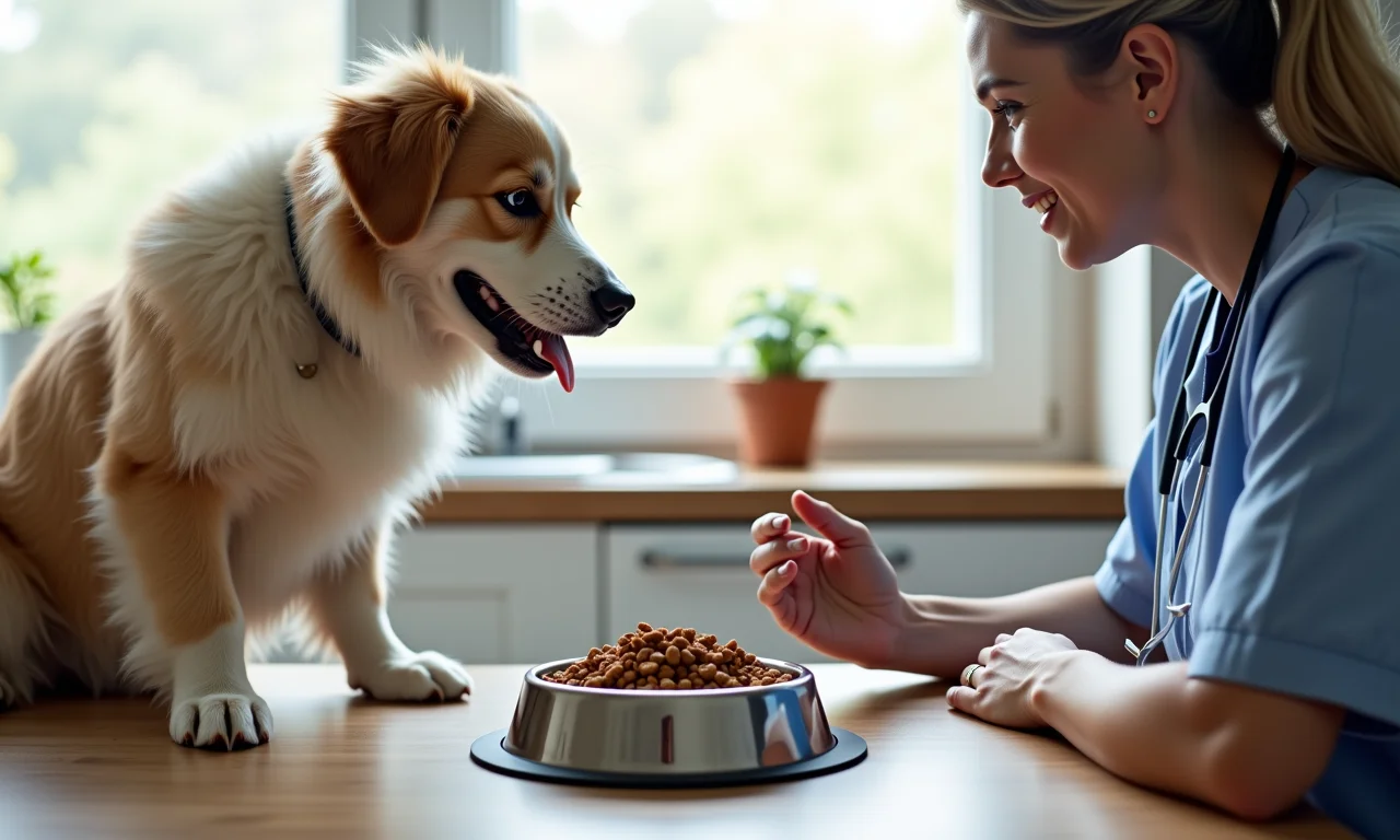 Cachorro idoso comendo ração em comedouro elevado.