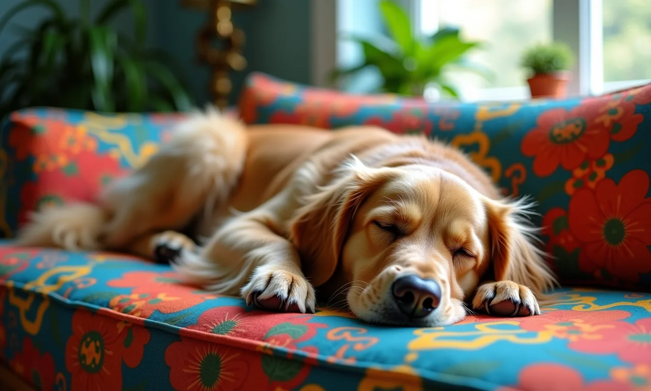 Cuidados Essenciais com um Pet Idoso: Guia de Bem-Estar Cachorro idoso dormindo em sofá colorido em casa aconchegante.