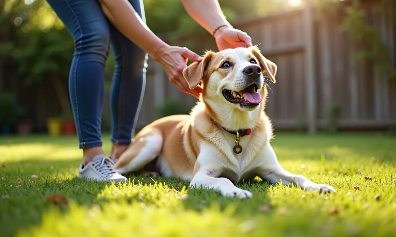 Cachorro idoso fazendo exercícios de alongamento com tutor.
