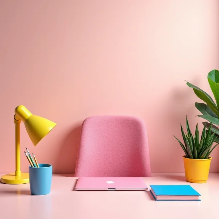 Cadeira de escritório rosa combinada com acessórios coloridos