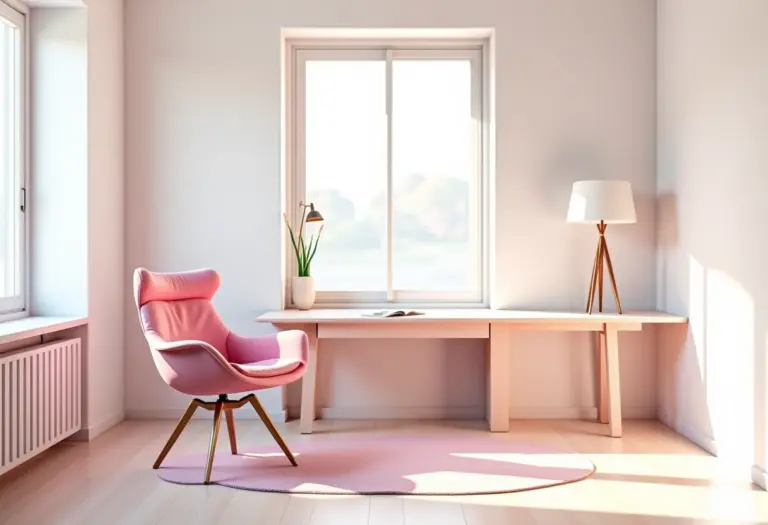 Cadeira de escritório rosa em um home office moderno e bem iluminado