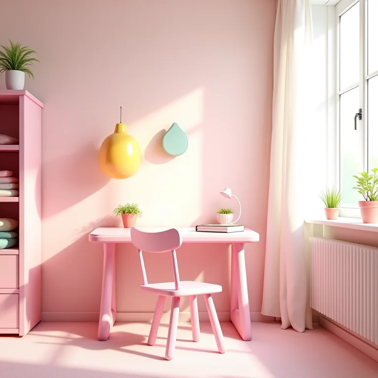 Cadeira de escritório rosa em um quarto infantil divertido