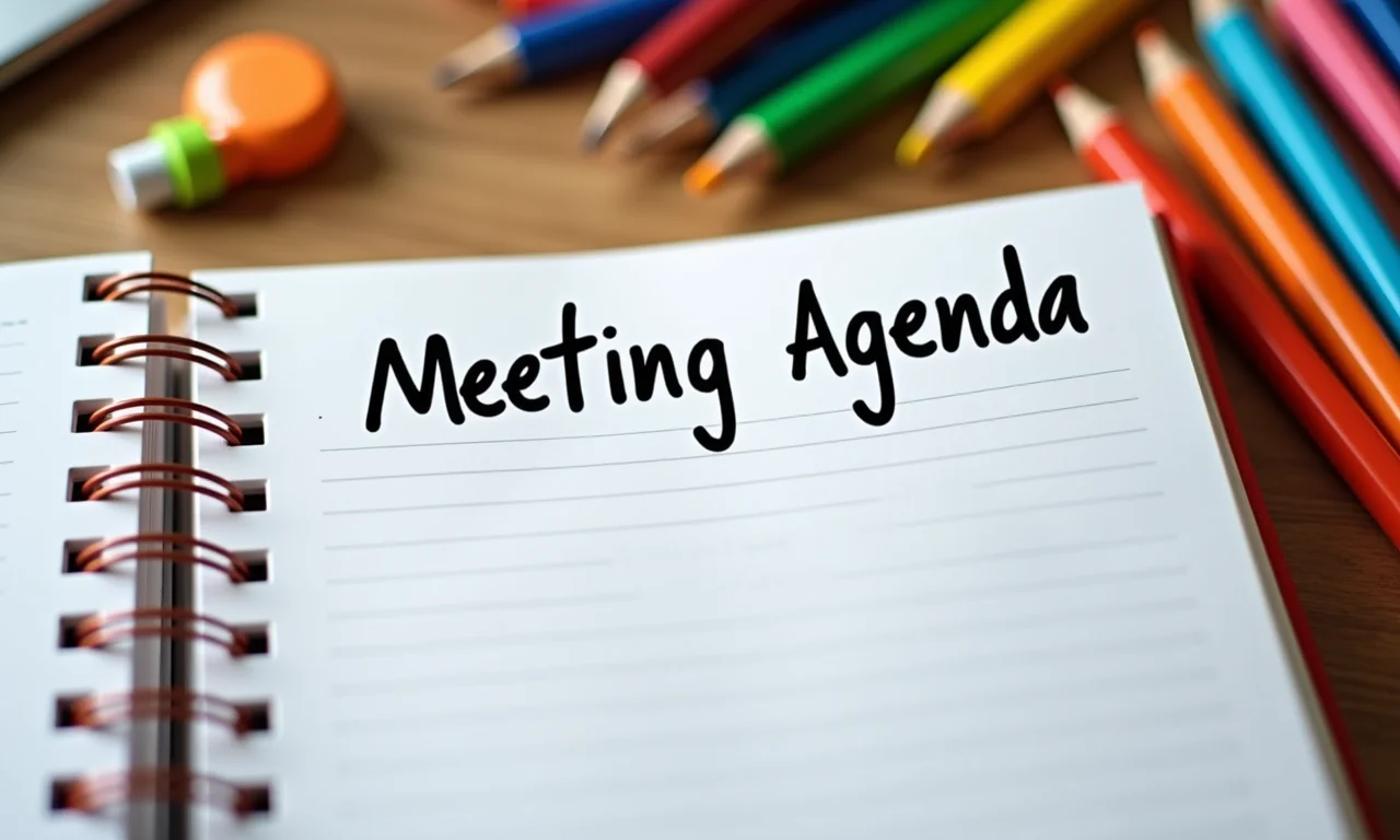 Caderno aberto com 'Pauta da Reunião' escrita à mão.