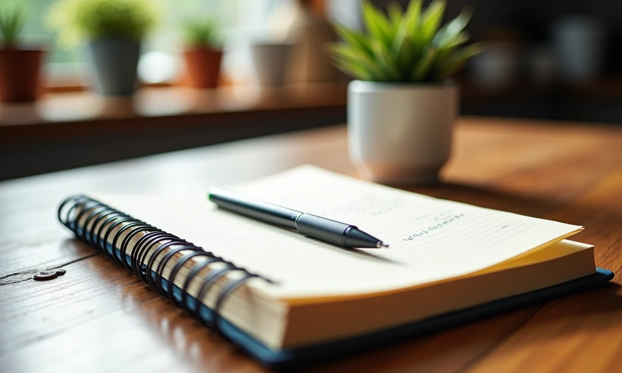 Caderno com anotações de culinária e caneta em uma mesa de cozinha.