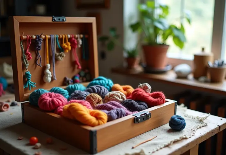 Caixa de joias artesanal transbordando materiais de artesanato, representando o sucesso no Pinterest para artesãos.