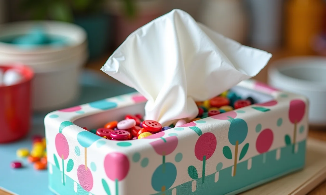 Caixa de lenços umedecidos reciclada usada para guardar materiais de artesanato.