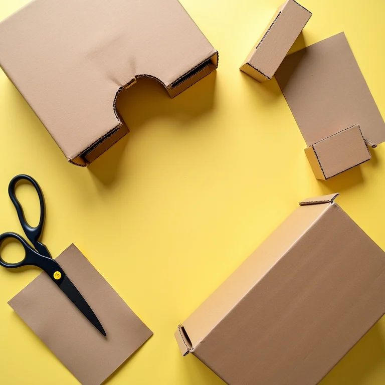 Caixa de papelão desmontada com materiais de artesanato.