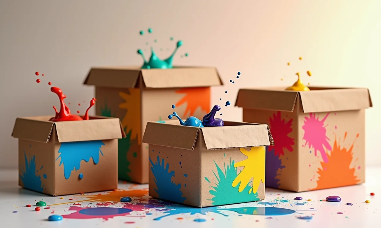 Caixas de papelão criativas com pintura e padrões geométricos.