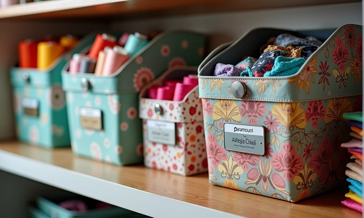 Caixas organizadoras da Paramount em um ateliê de costura.