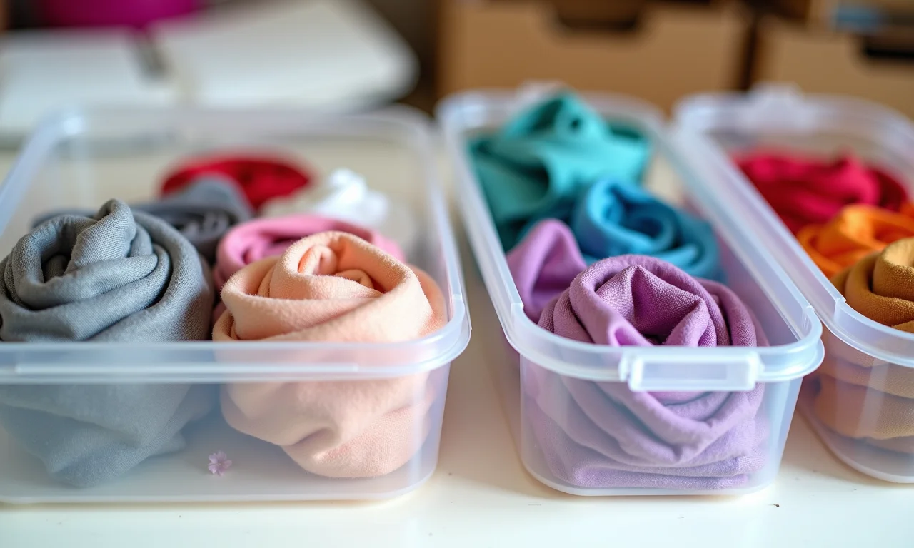 Caixas transparentes organizando materiais de costura, como tecidos e zíperes.