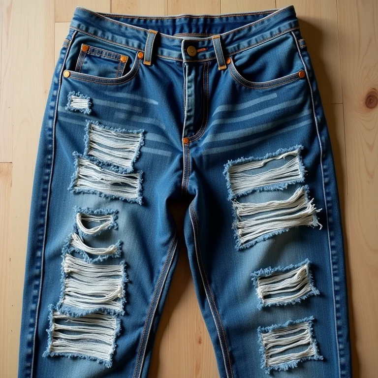 Calças jeans rasgadas sendo remendadas com retalhos de denim