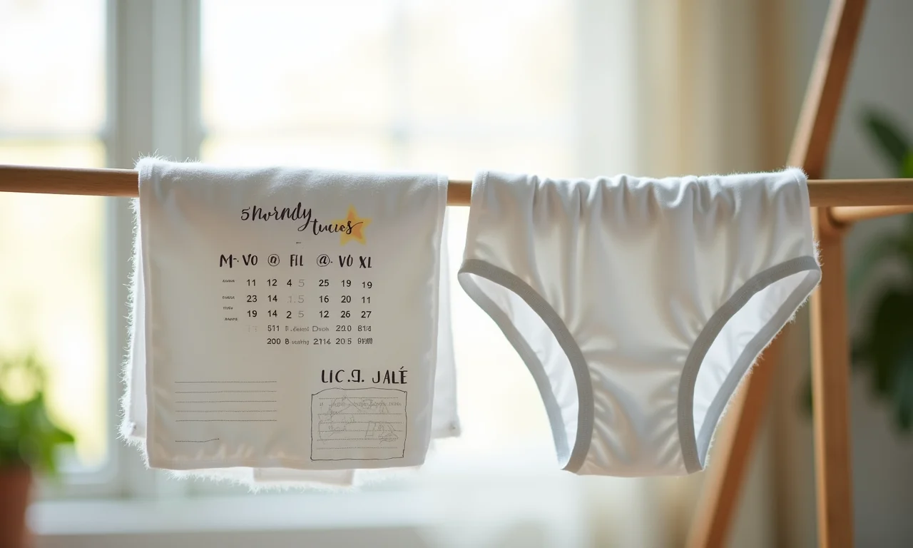 Calcinhas absorventes no varal com calendário indicando frequência.