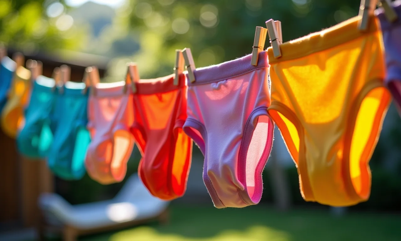 Como Lavar Calcinha Absorvente: Guia Rápido e Eficiente Calcinhas absorventes secando ao sol em varal colorido.