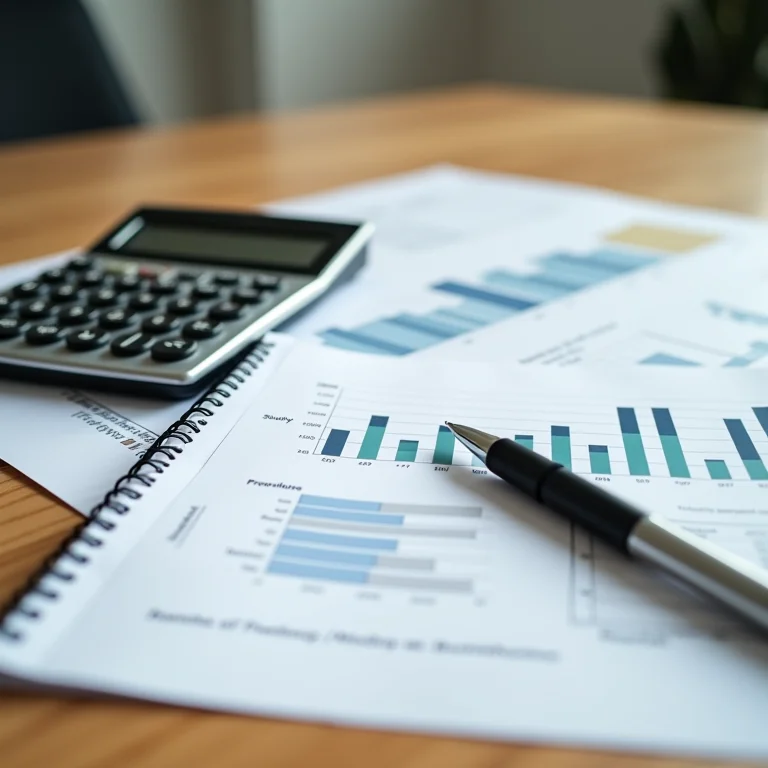 Calculadora, relatórios financeiros e caneta representando o orçamento realista para uma reforma.