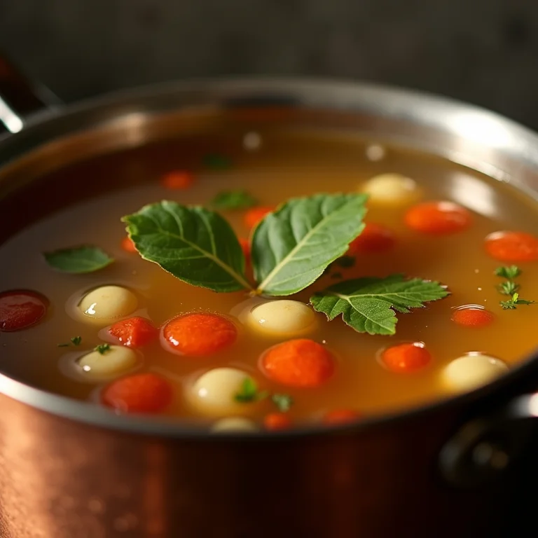 Caldo de galinha caseiro borbulhando em panela de cobre