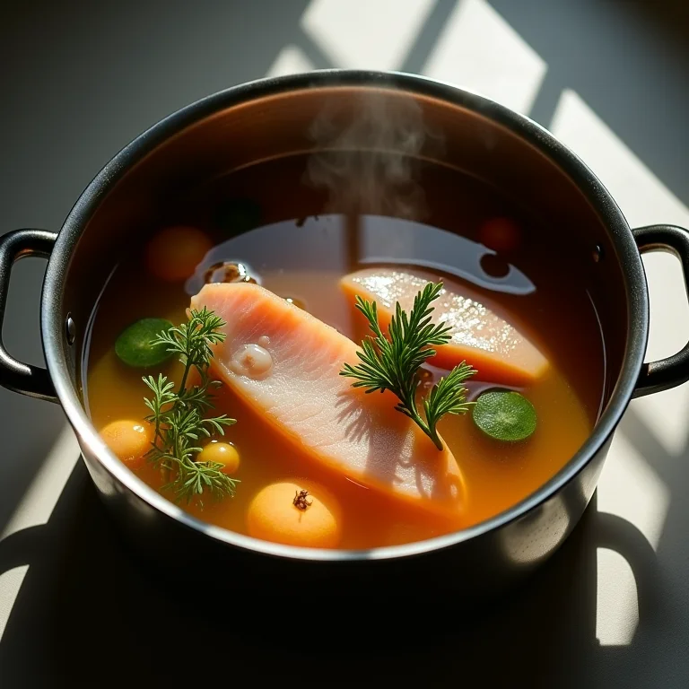 Caldo de peixe caseiro fervendo na panela