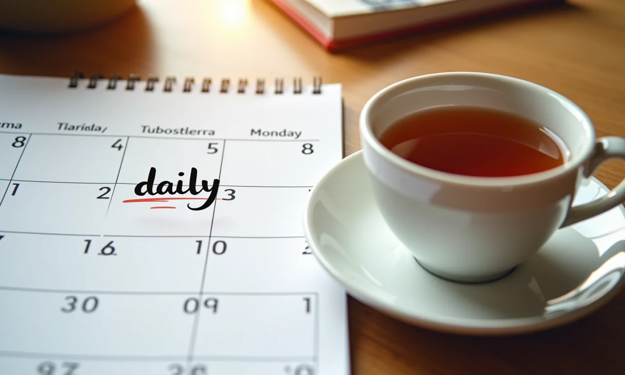 Calendário com anotação diária ao lado de xícara de chá de amora.