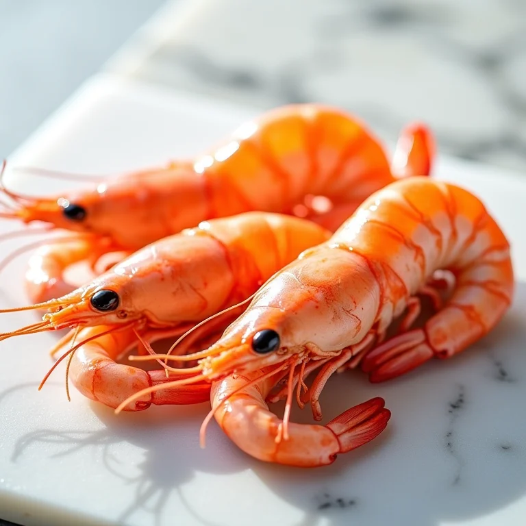 Camarões frescos em bancada de mármore