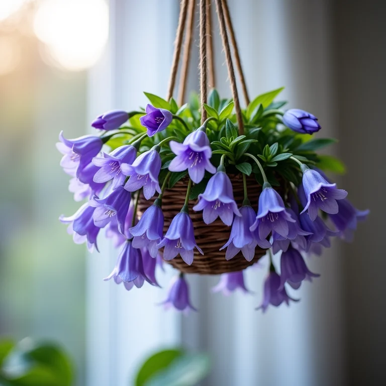 Campânulas roxas e azuis em um vaso suspenso