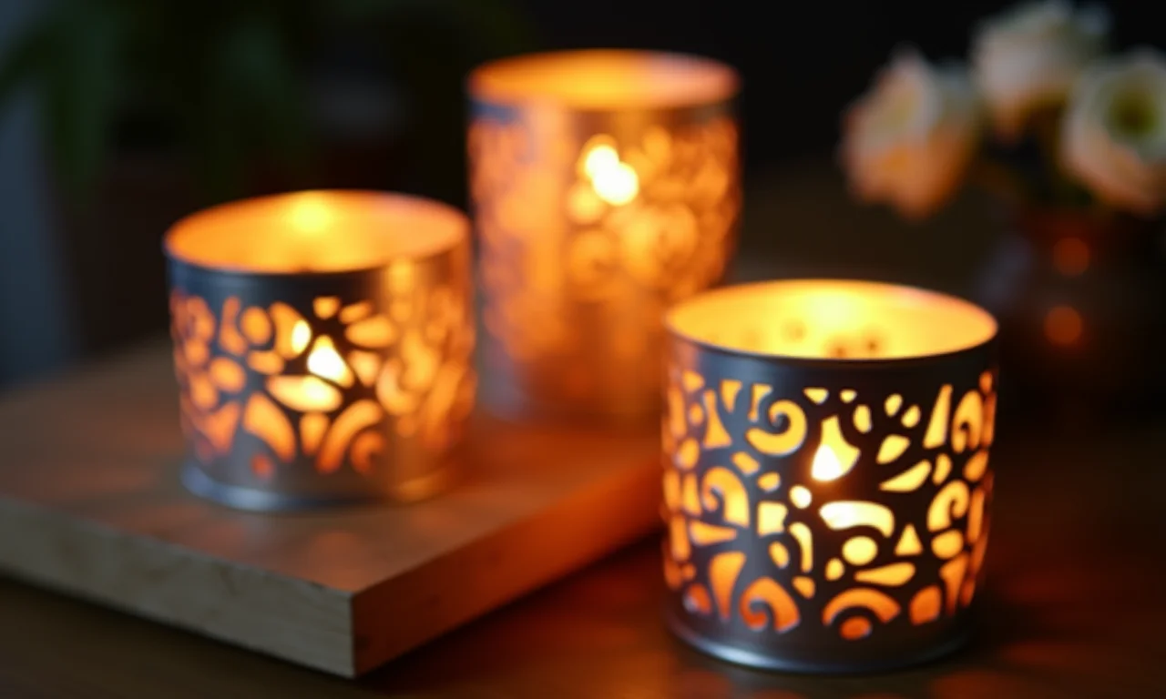 Candelabros românticos feitos com latas de alumínio.