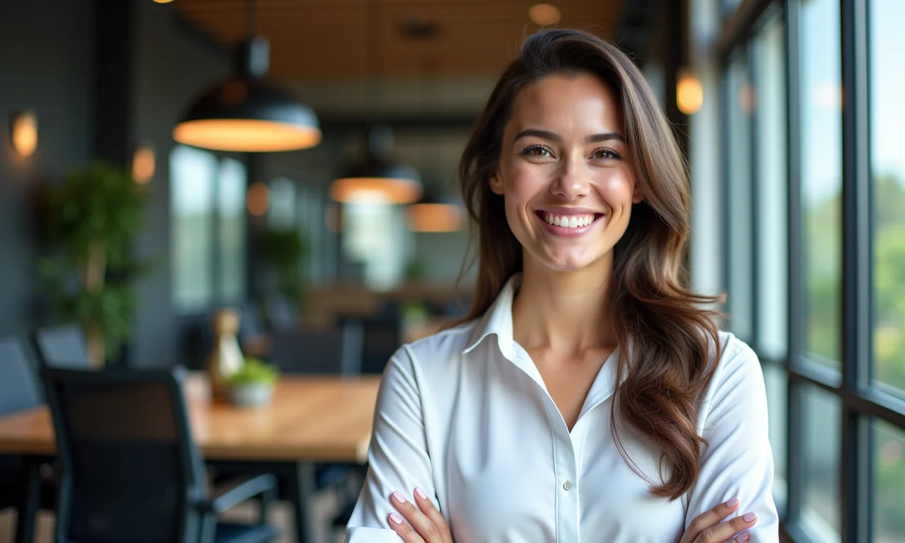Candidata sorrindo com foto profissional em currículo moderno.