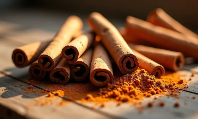 Canela em pau e canela em pó dispostas em mesa de madeira rústica.