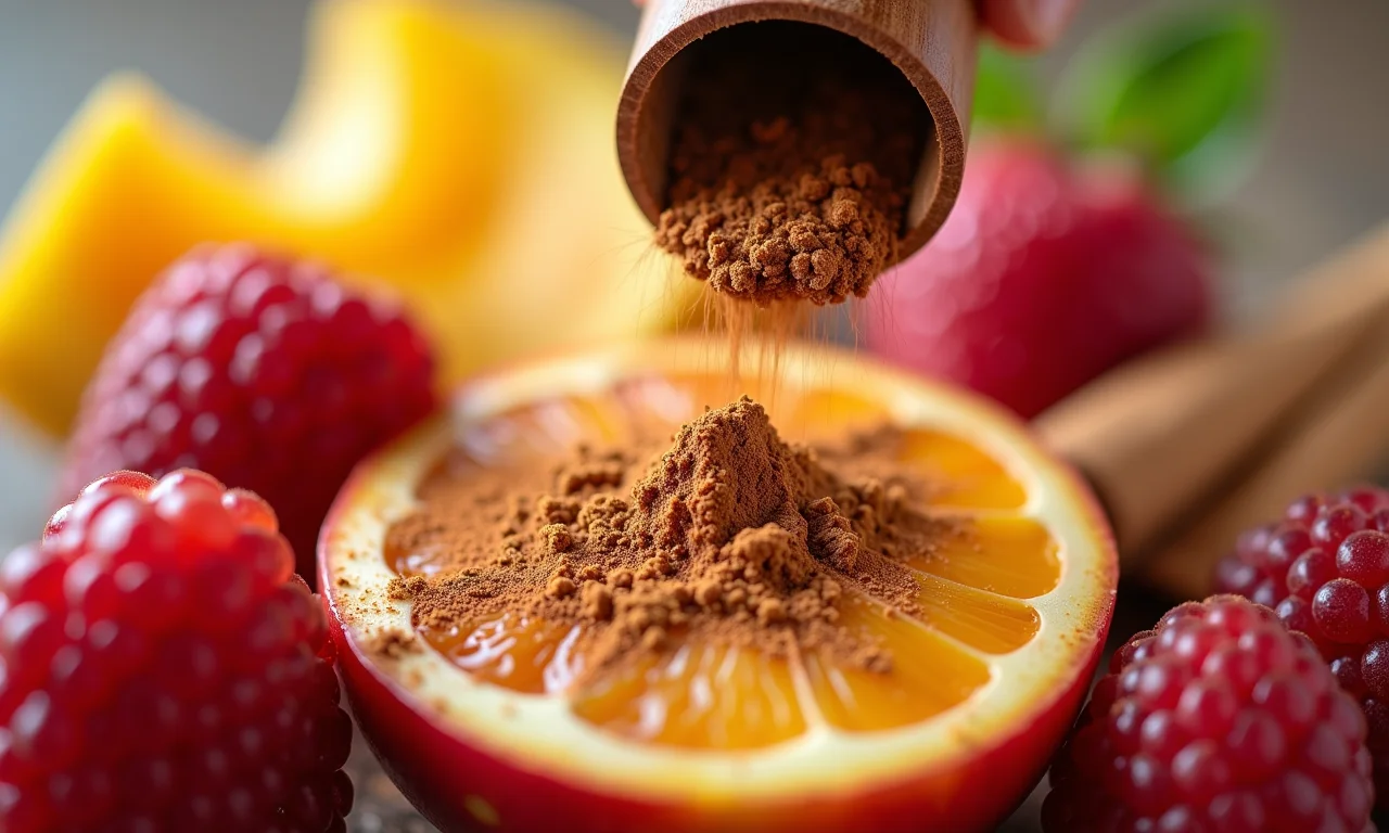 Canela em pó sendo polvilhada em frutas frescas.
