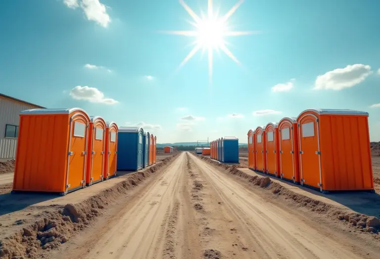 Canteiro de obras com diversos banheiros químicos alinhados