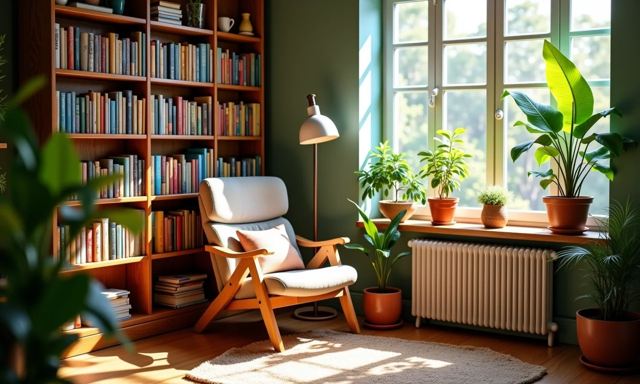 Cantinho de leitura aconchegante com poltrona e livros.