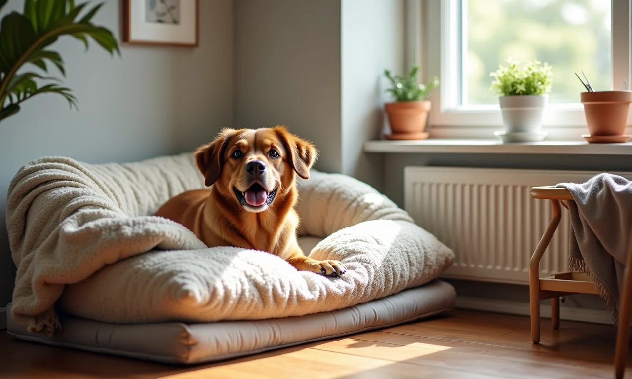 Canto adaptado para pet idoso com cama ortopédica e rampa.