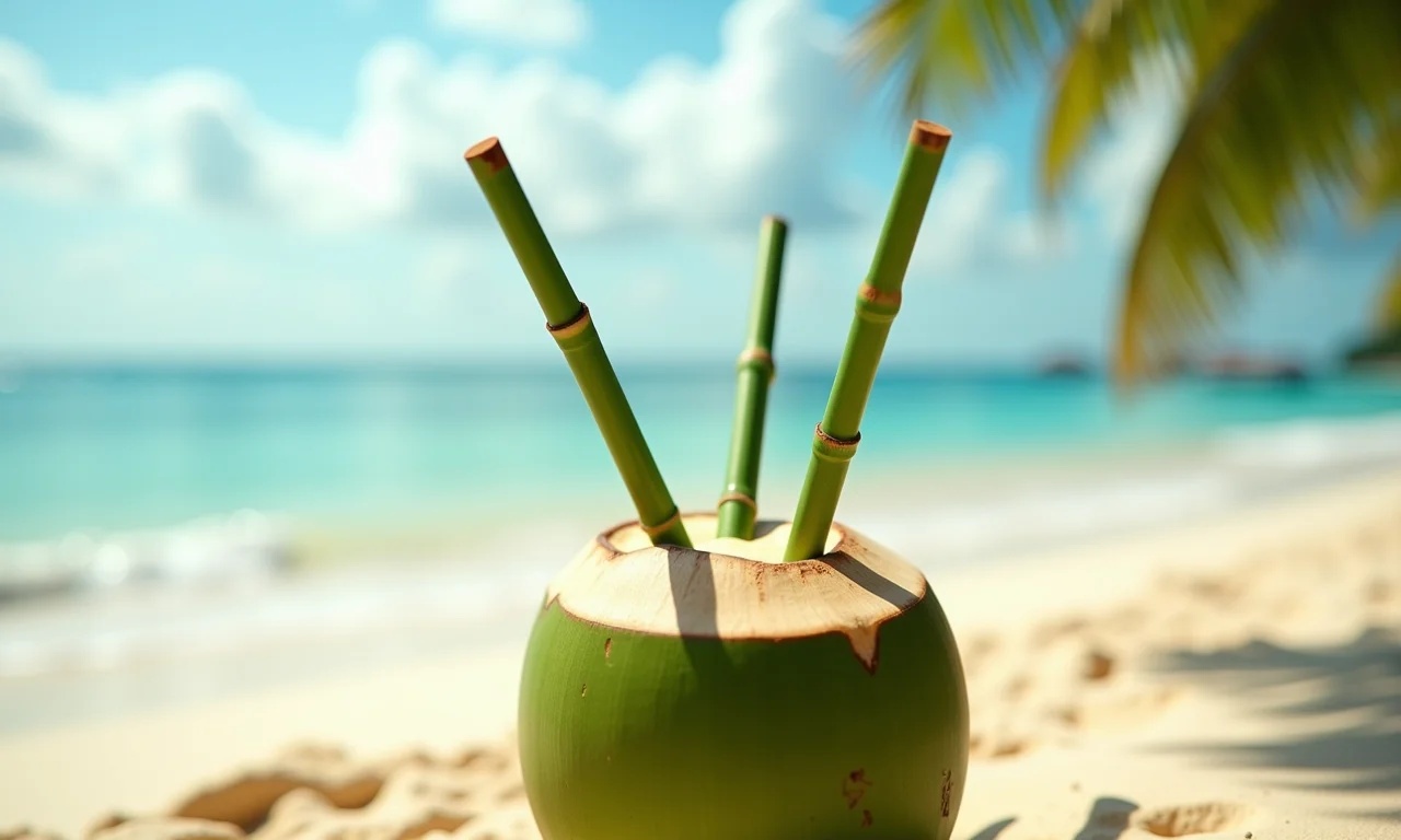 Canudos de bambu em água de coco na praia