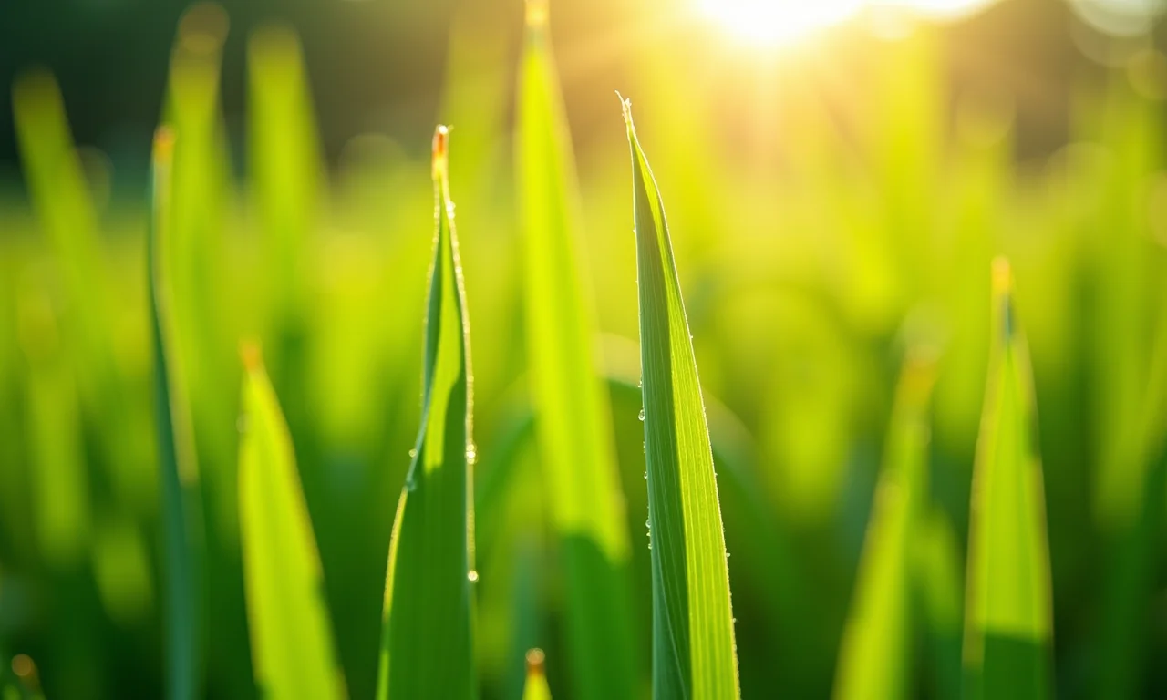 Capim-limão: relaxamento e bem-estar Capim-limão fresco em um jardim ensolarado, com gotas de orvalho.