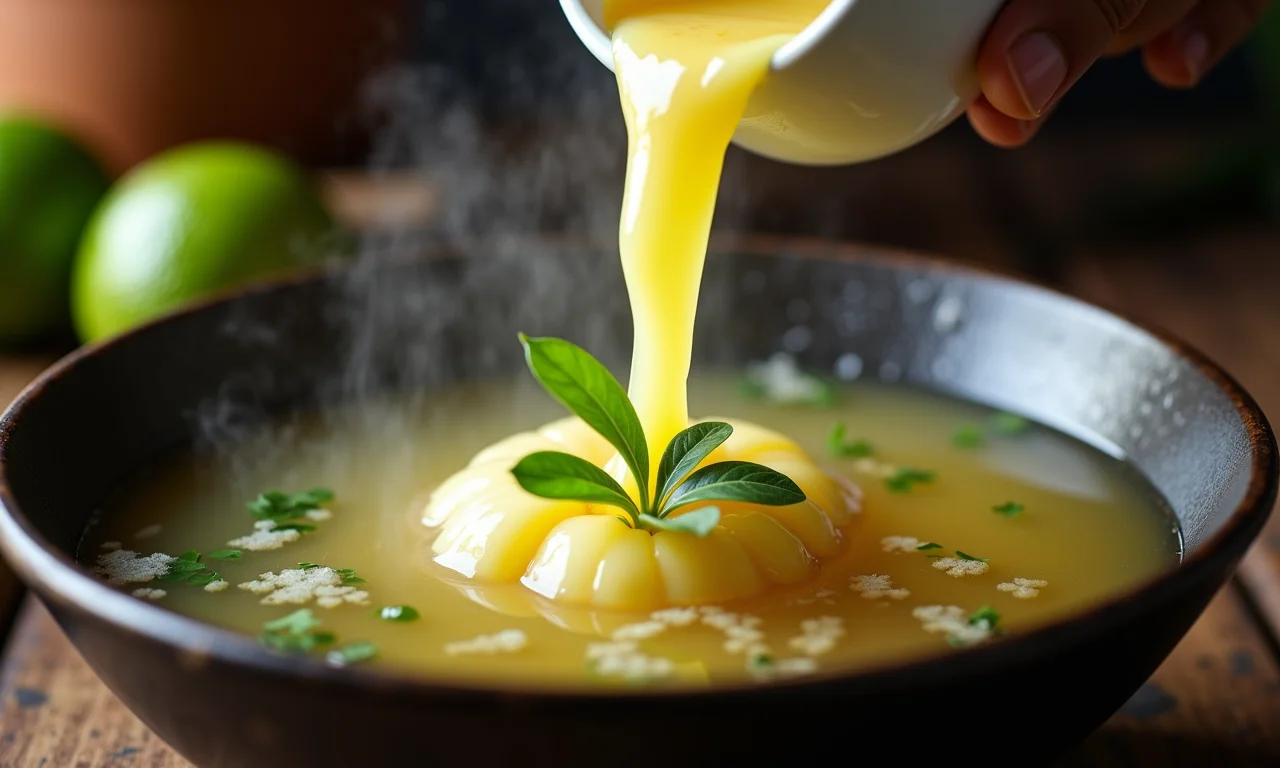 Capim-limão sendo adicionado ao caldo, fortalecendo a imunidade.