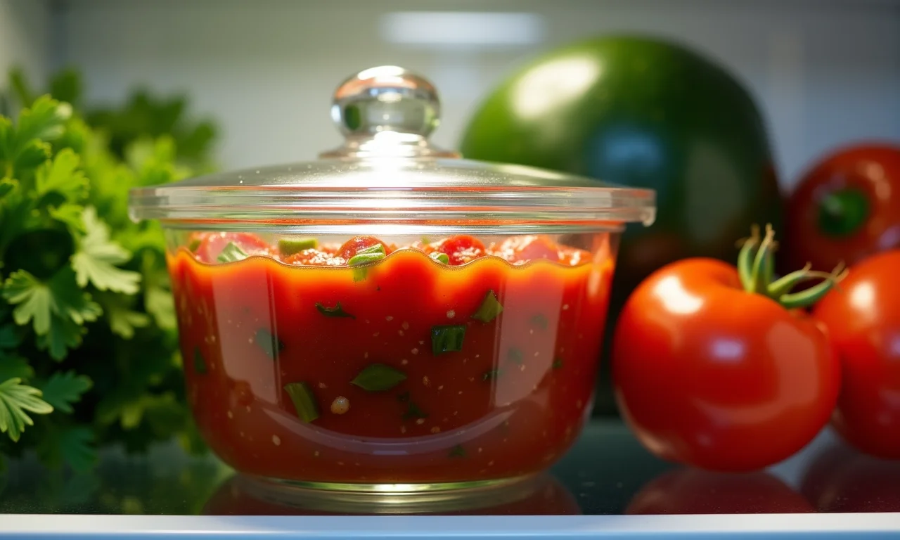 Caponata armazenada na geladeira em um pote de vidro.