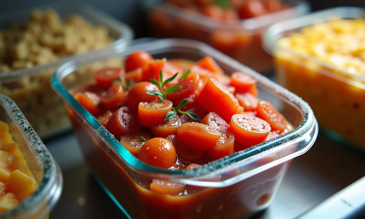 Caponata congelada em pote de vidro dentro de um freezer.