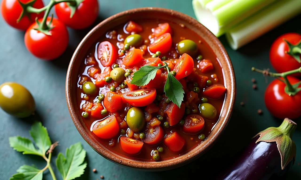 Caponata siciliana: a verdadeira receita da nonna Caponata siciliana colorida em tigela rústica com ingredientes frescos.
